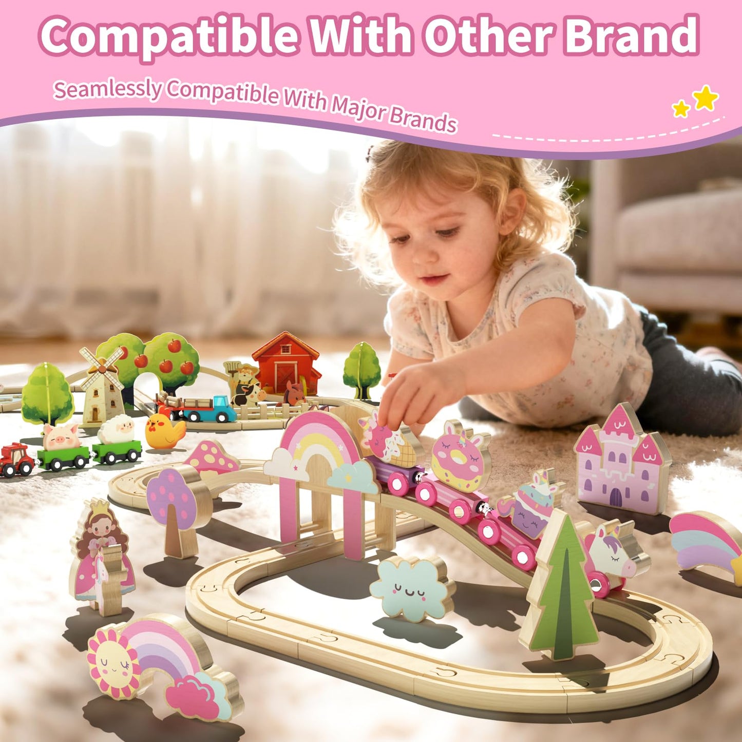 Lehoo Castle Wooden Train Set, Train Set for Toddlers 2-4, Wooden Train Track for Girls, Unicorn Toys for Girls Age 4-6, Toys for 3 4 5 6 Year Old Girl Gifts for Christmas Birthday