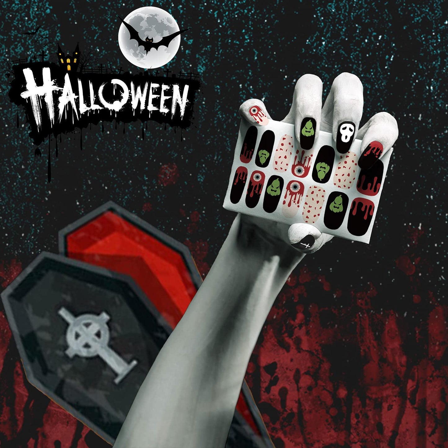 SOGAYU 12 Sheets Halloween Full Nail Wraps Art Stickers, Nail Polish Strips Nail Decals DIY Self-Adhesive Pumpkin Bat Ghost Spider Vampire Pattern with 2 Piece Nail Files for Party Decor (168 Pieces)