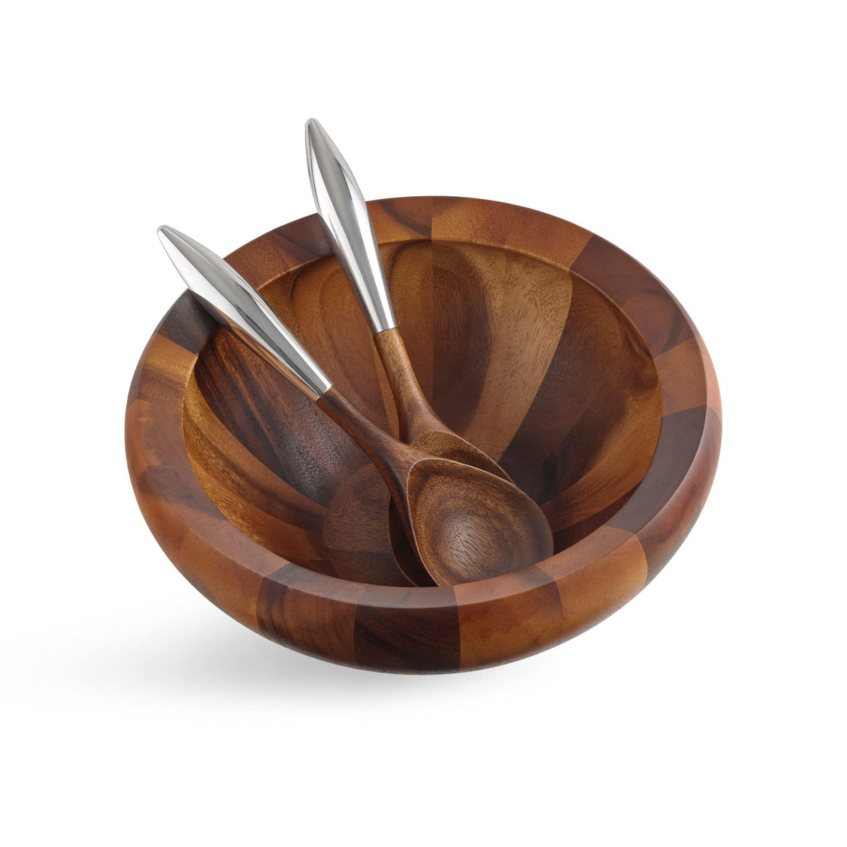 Nambe Yaro Acacia Wood Salad Bowl with 2 Salad Servers | Made of Acacia wood Alloy | Large Deep Wooden Bowls | Acacia Wood Salad Bowl Set | Designed by Sean O’hara