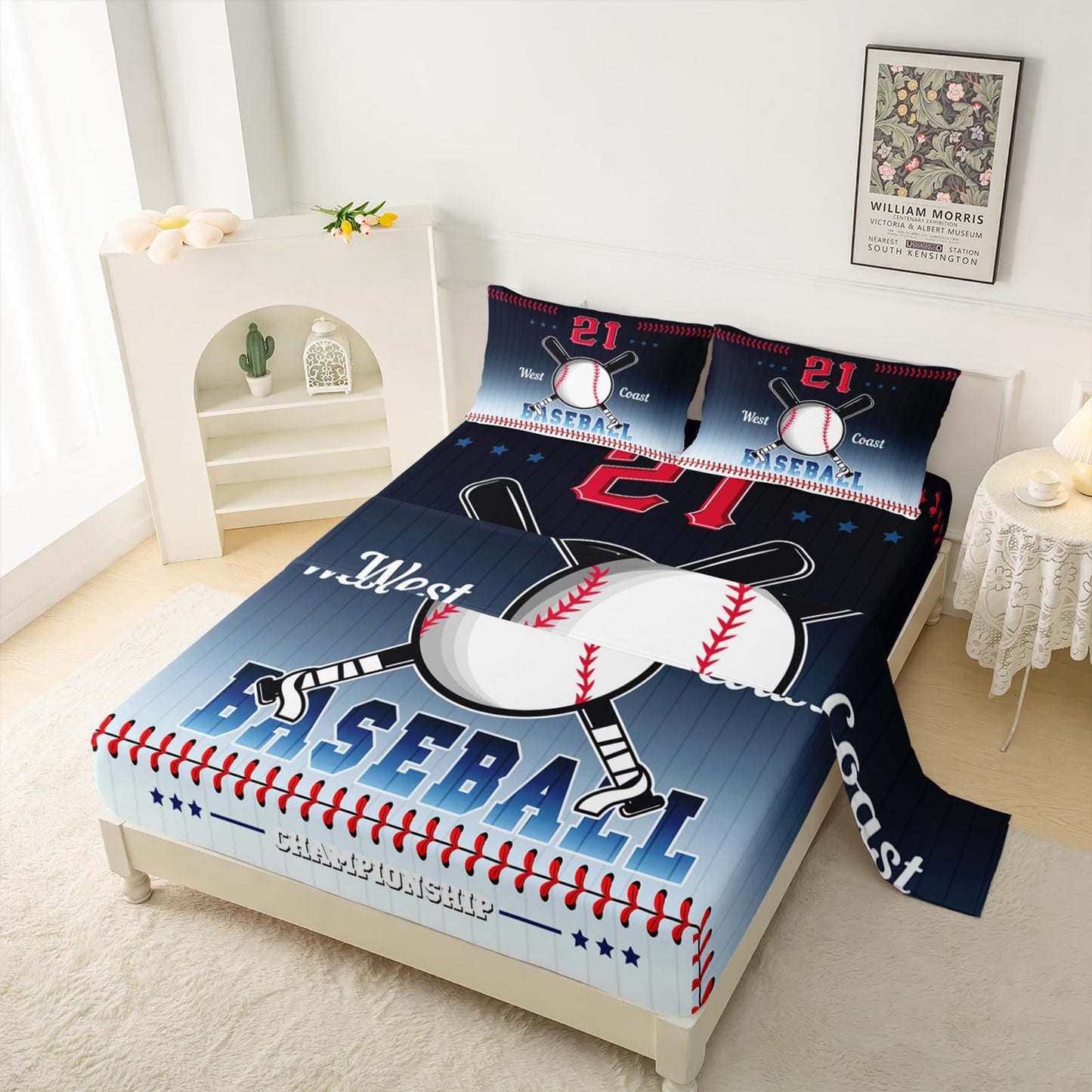 QOOMO Baseball Kids Bed Sheets Full Size,Ball Game Print Bedding Sheet Set,4Pcs Sports Deep Pocket Bed Sets with 1 Fitted Sheet 1 Flat Sheet 2 Pillowcases for Boys Girls Teens