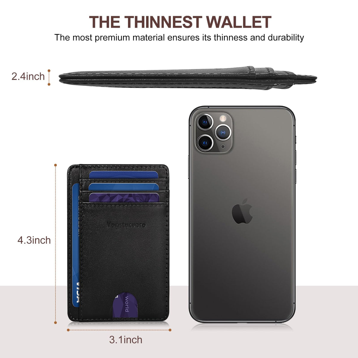 VOGSTYCUERO Slim Minimalist Front Pocket Thin Wallet RFID Blocking 100% Genuine Grain Leather Credit Card Holder for Men Women with Gift Box - Grain Leather Black