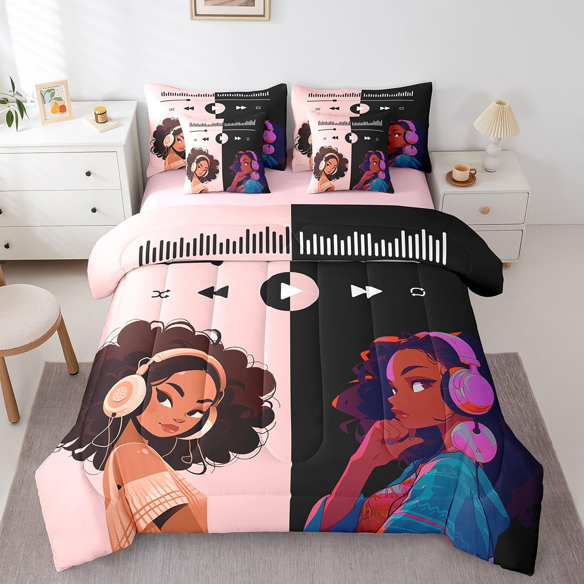 Castle Fairy Black Girls 7Pcs Comforter Set Full Size,Africa Woman American Bedding Sets for Kids Girls Boys,Music Bed in a Bag Pink and Black Fitted Sheet Flat Sheet,2 Throw Pillow 2 Pillowcases