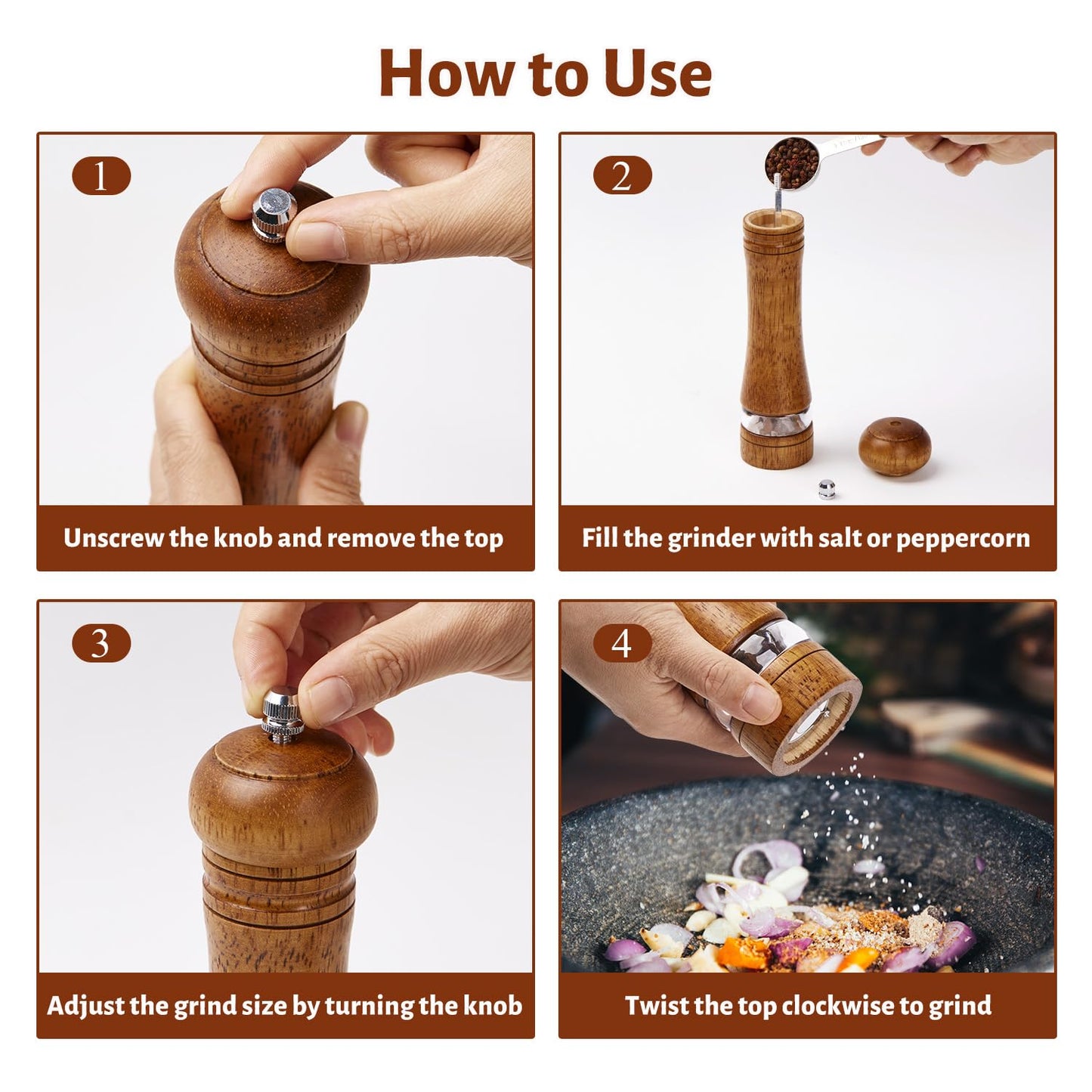 ROCKSHEAT Wooden Pepper Grinder Set of 2, 8 Inch Beech Wood Pepper Mills with Stainless Steel Core, Manual Pepper Grinder with Comfort Grip & Effortless Grinding for Kitchen Cooking