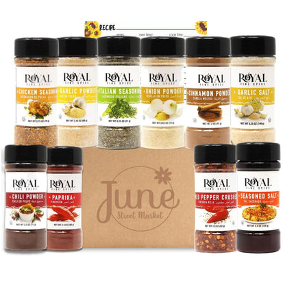 June Street Market 10 Piece Essentials Kitchen Starter Gift Set: Spices with Trilingual Labels (English, Spanish, Arabic) Includes Recipe Cards, Perfect for Cooking, Baking, or Gifting