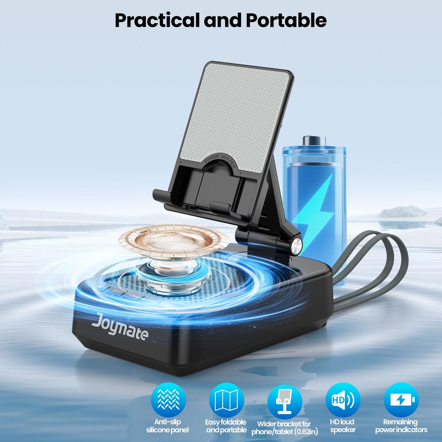 Joymate Gifts for Men Women, 10,000mAh Charging Phone Stand with Cables and Bluetooth Speaker, 360° Rotatable Angle Cell Phone Holder with HD Stereo Sound Fits Phones,Tablet (Black)
