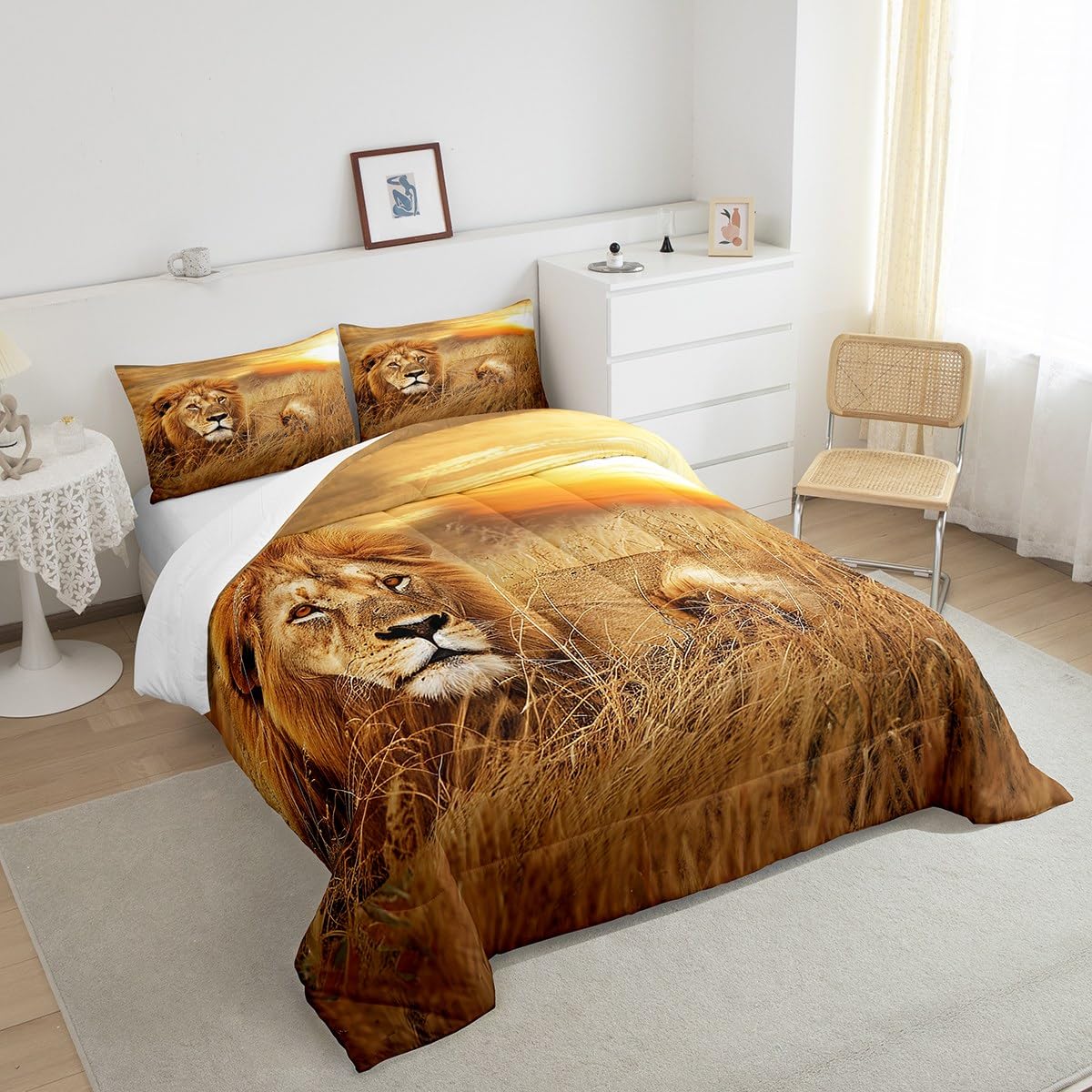Lion Comforter Set Queen Size,3D Print Wild Animals Bedding Set for Teens Adult Men Room Decor,Natural Sunset View Quilt Set Rustic Prairie Duvet Insert 3pcs with 2 Pillowcases