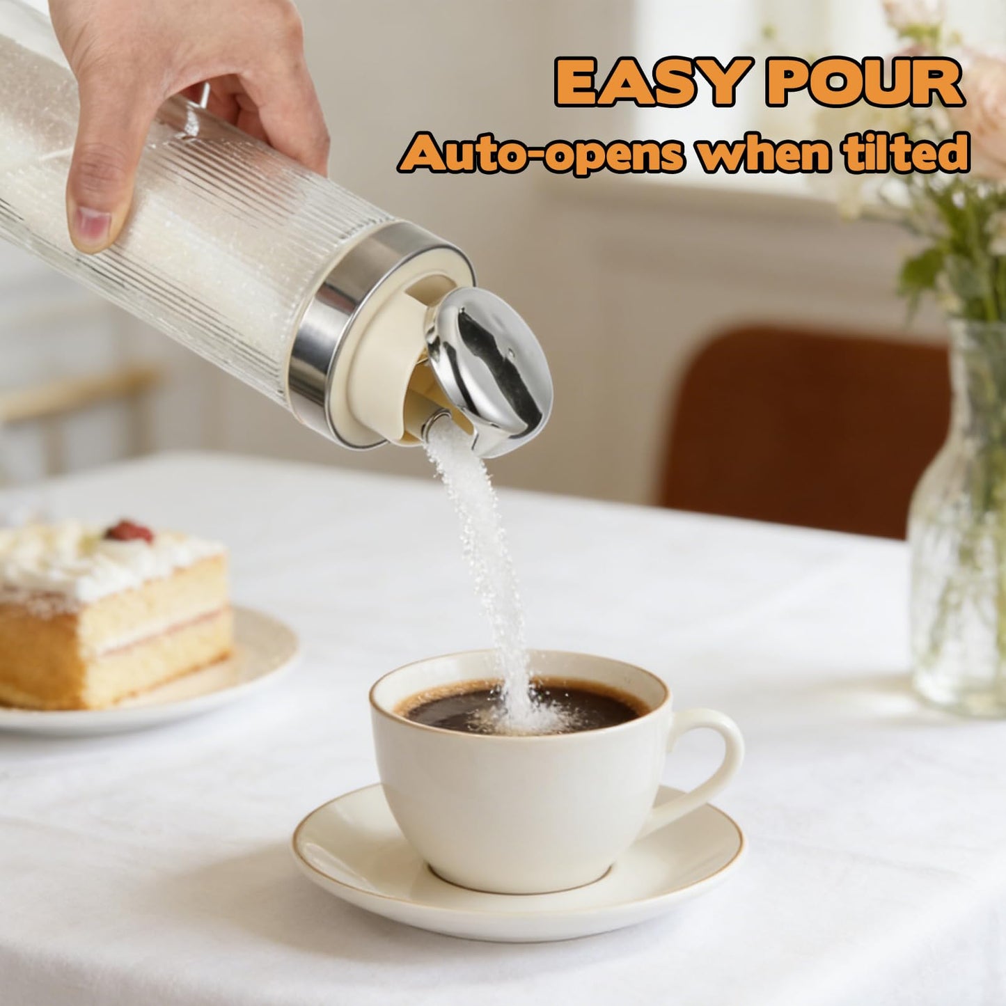 2 PCS 20 OZ Large Glass Sugar Dispenser with Pour Spout Large Capacity Glass Jars for Sugar Coffee Sugars Container Non-slip Ribbed Design Food-Grade for Salt Tea Coffee Station Kitchen Baking, Silver