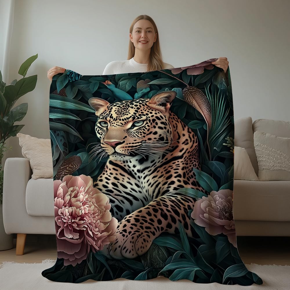 HUNXIAOJ Leopard Throw Blanket Animal Print Blanket Cheetah Gifts for Kids Warm Soft Flannel for Girls Boys Woman Teens Adults Bed Sofa Couch (49in x 59in)