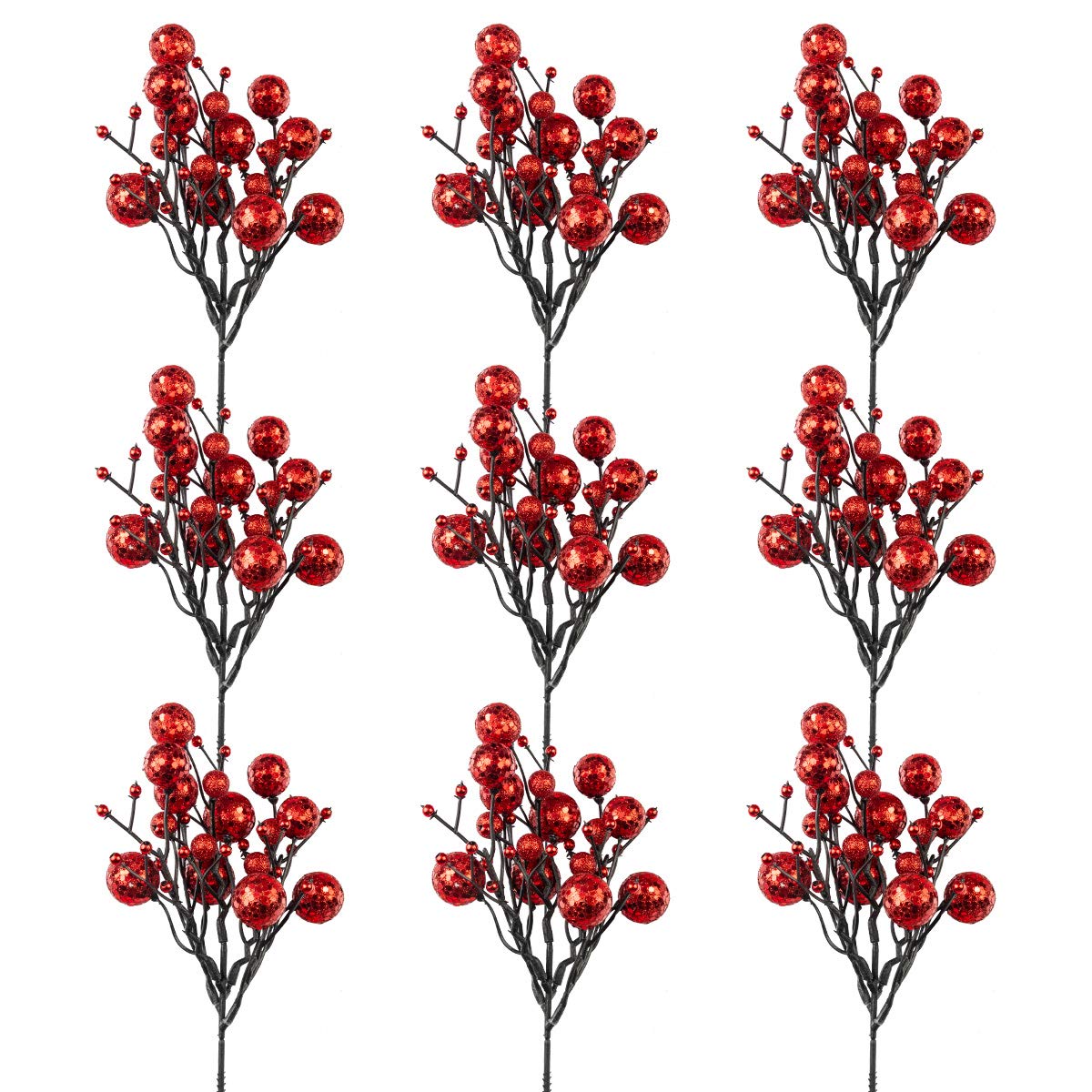 KI Store Red Christmas Tree Picks Stems Pack of 9 Artificial Glittered Berry Stems Red Tree Ornaments Decoration for Xmas Tree Halloween Wreath Garland Handcraft