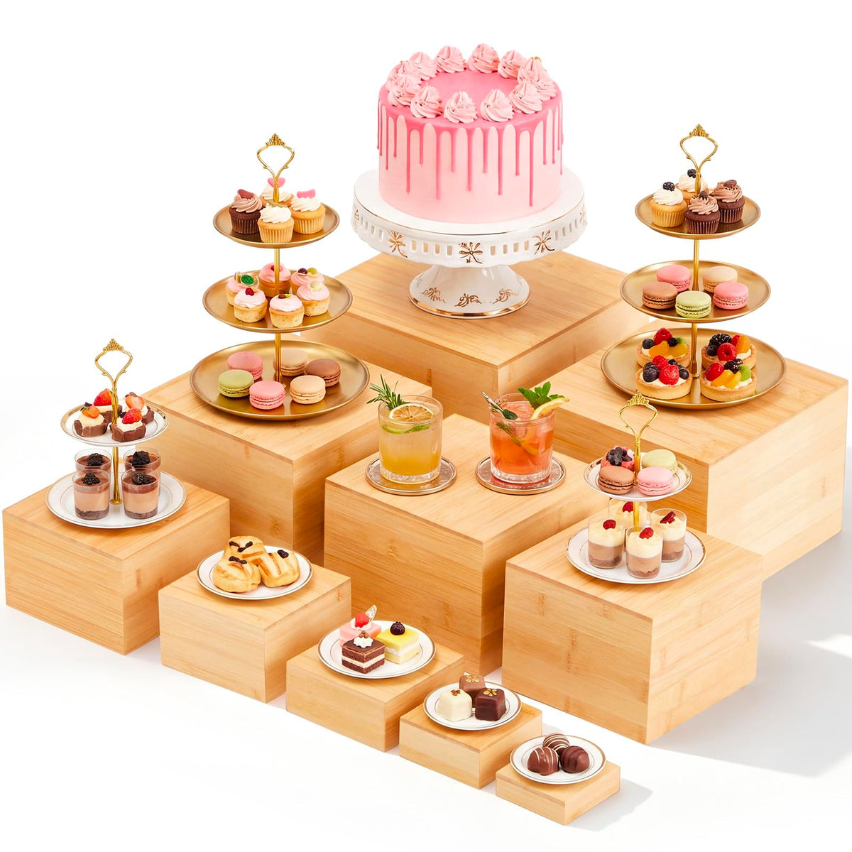 Fiwochic 10 Pcs Bamboo Buffet Risers, 9.8'' 8.8'' 7.9'' 6.9'' 5.9'' 4.9'' 4'' 3'', Large Food Risers for Buffet Table, Cake Display Stand Cube Box for Wedding Party Catering Dessert Jewelry Home Decor
