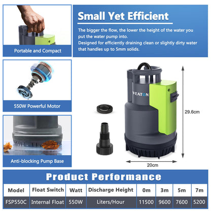 VEATON 550W Submersible Water Pump, 11500L/H Automatic/Mode Control with Integrated Float Switch, Drain Transfer Water from Pond Hot Tub Swimming Pool Rain Barrel Basement, Adapter with Check Valve