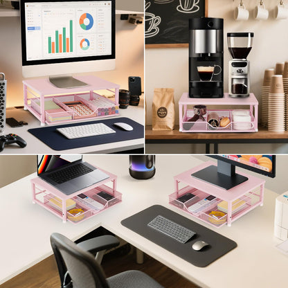 Gugsey Small Pink Laptop Stand for Desk, Monitor Stand, Office Desk Accessories, Computer Desktop Stand with Drawer for Home, Office, School (Pink)