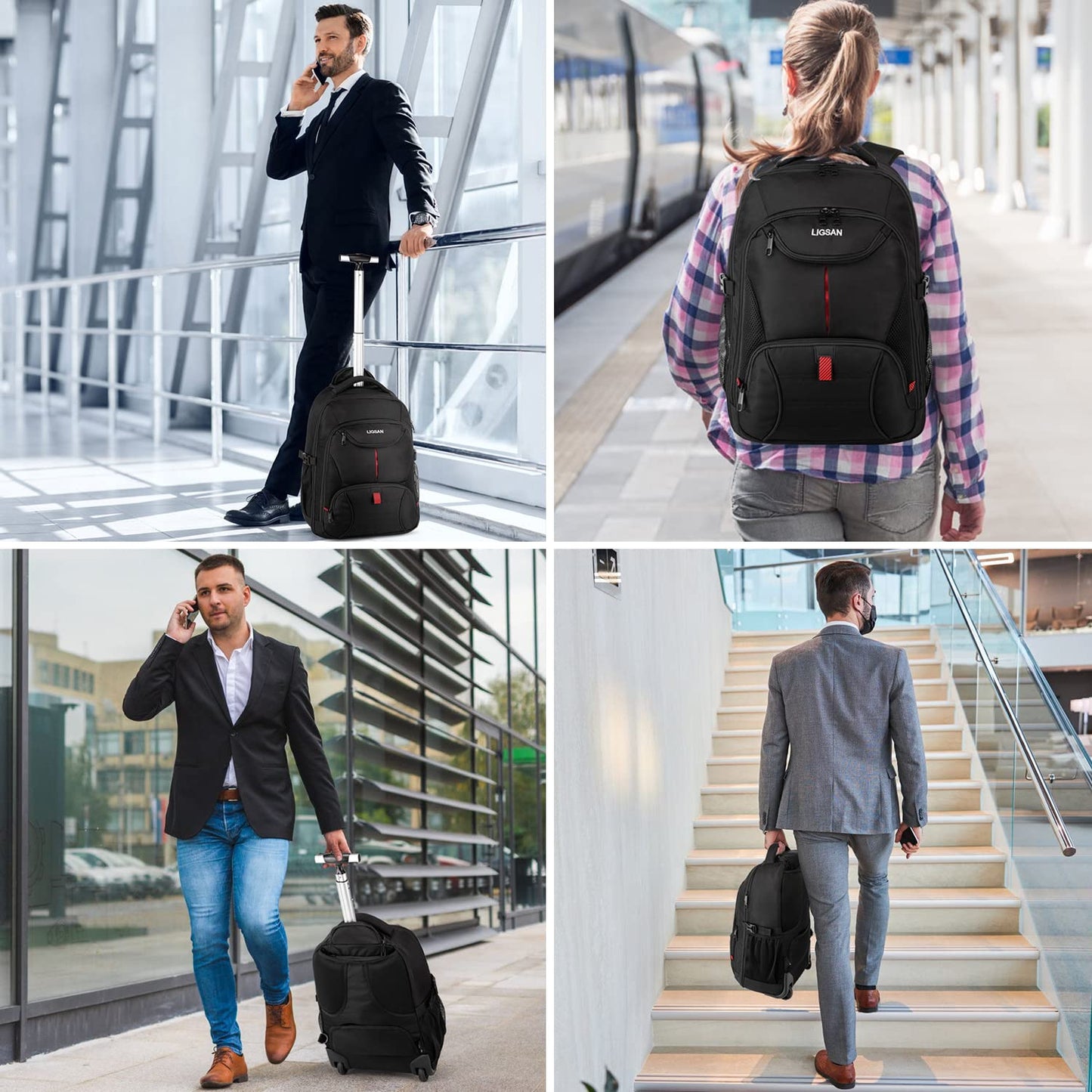 LIGSAN Travel Backpack with Wheels, 17inch Wheeled for Men Women Rolling Laptop Bags on Wheels Waterproof Rucksack Cabin Bag Trolley Suitcase Business College School Bag, Black