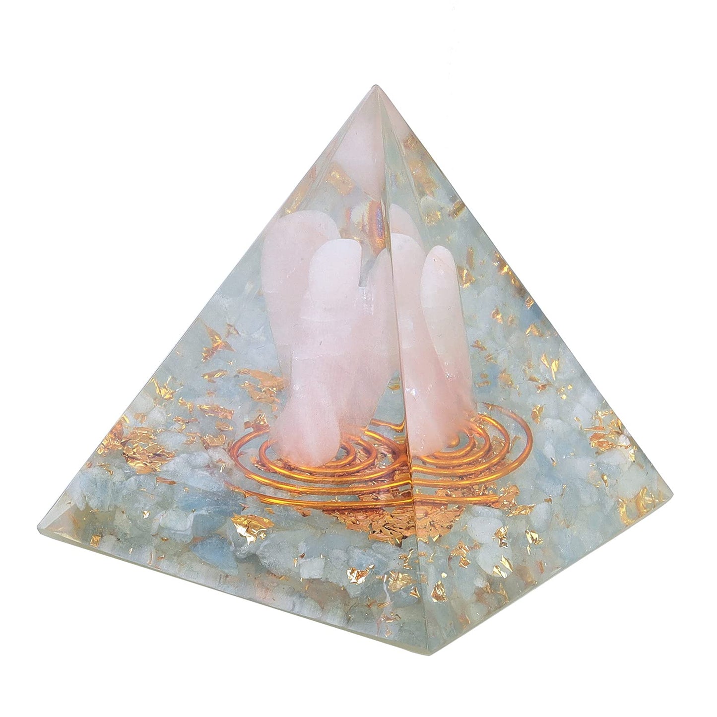 mookaitedecor Aquamarine Crystal Orgone Pyramid with Rose Quartz Guardian Angel and Tumbled Stones Orgonite Energy Generator for Protection Reiki Home Decor