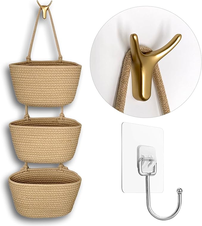 3-Tier Decorative Cotton Rope Hanging Basket, Wall-Mounted Woven Storage