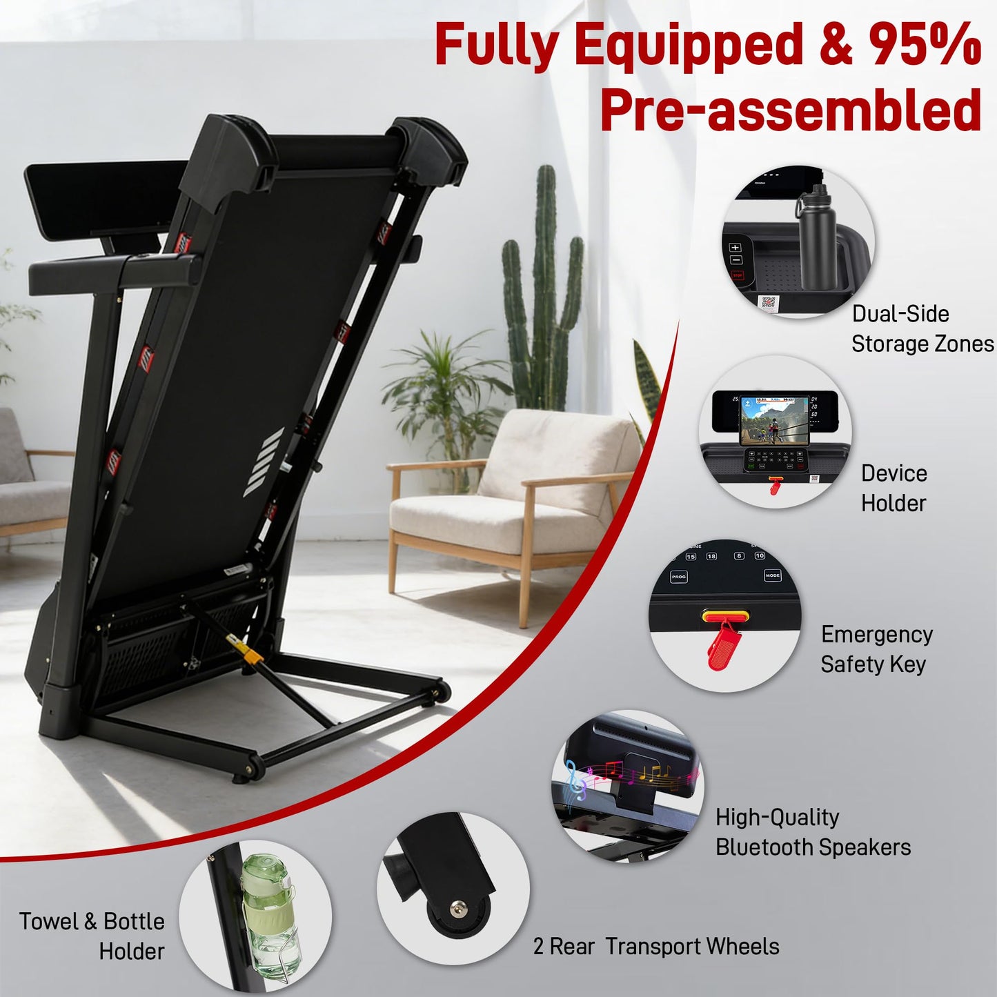 Heavy Duty Treadmill for Home, 20"x 50" Running Area, 12 MPH, Auto Incline