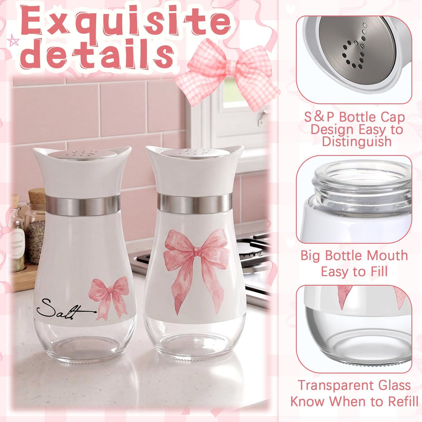 Bokon 2 Pack Pink Bow Salt and Pepper Shakers Set, Coquette Stainless Steel Containers with Glass Bottom for Kitchen Accessories, Home Decorations, Cooking, BBQ, Camp, Beach, Bar, Idea