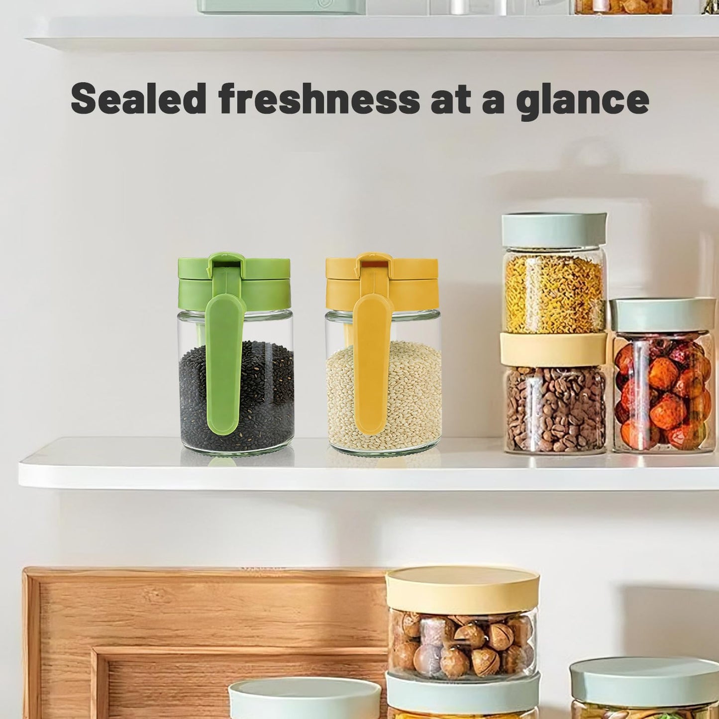 Betinyar 2 Pack Premium Glass Salt Jars with Spoon Airtight Seasoning Jars and Canisters Sets for the Kitchen, Multifunctional Spice Set for Spice,Sugar, Coffee Storage
