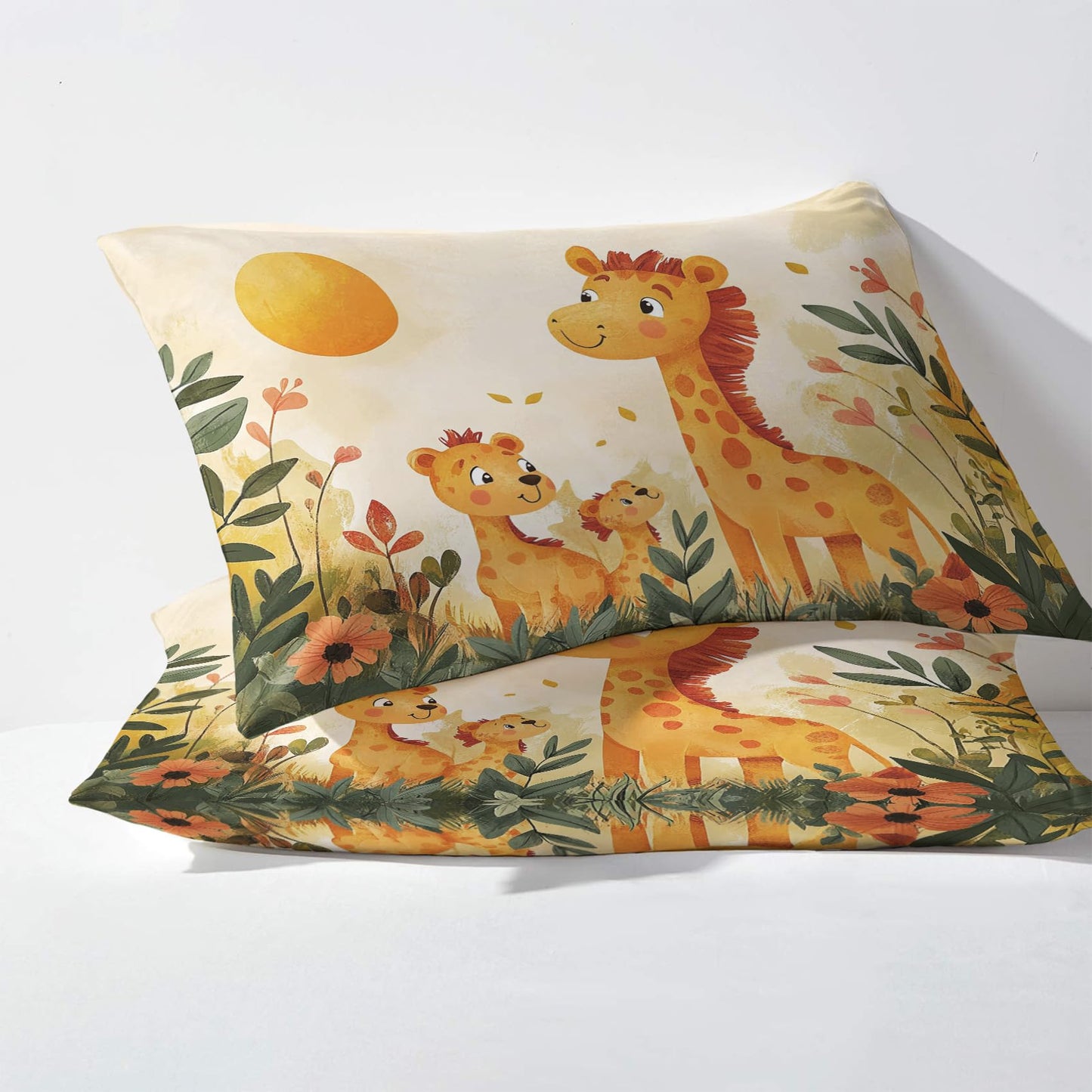 NOGAWA Giraffe Sheets Queen, Forest Animal Bed Sheets, Deep Pocket & Soft Microfiber Bedding Sheets & Pillowcases 4 Piece - Fitted Sheet & Flat Sheet & 2 Pillow Cases