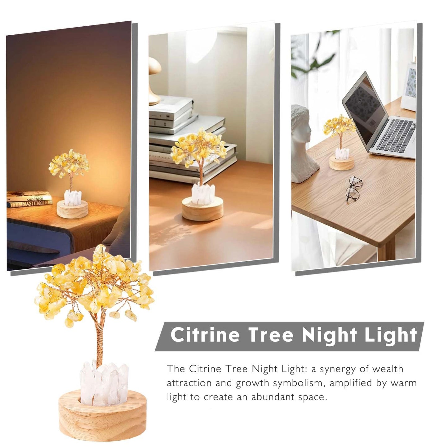 Runyangshi Runyanshi Citrine Money Tree Lamp - Abundance Crystal Night Light w/ 108 Natural Citrine Chips, Wood Base & USB Power, Manifestation Desk Decor for Wealth, Office, Gift