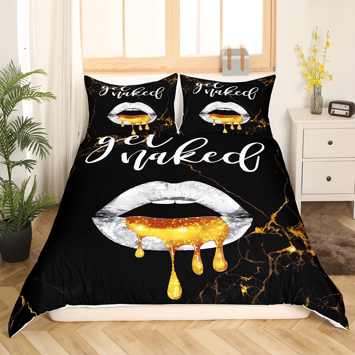 King Size Luxury Black Gold Marble Duvet Cover Boys Girls Sexy Lips Bedding Set For Kids Women Men Get Naked Ultra Soft Comforter Cover Set Funny Quotes Bed Set Modern Bedclothes (No Comforter)
