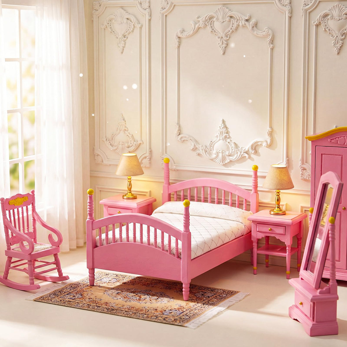 Skylety 7 Pcs Wooden Dollhouse Furniture Set 1: 12 Scale Victorian Dollhouse Bedroom Furniture, Bed Dressing Table Wardrobe Carpet for Adults Toys Miniature Doll House Accessories(Pink,Bright)