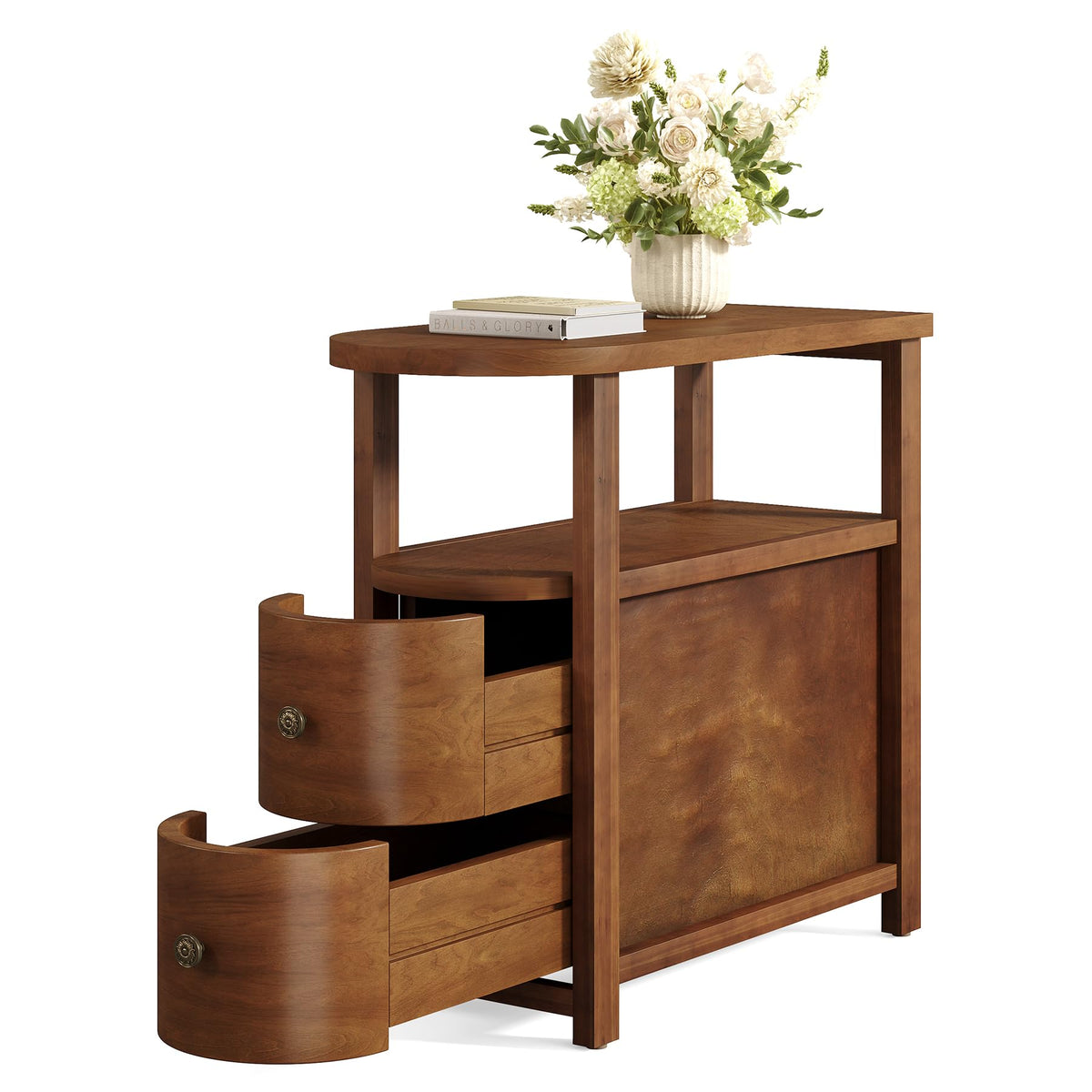 LITTLE TREE Solid Wood End Table with 2 Drawers & Open Shelf, No Assembly Required Side Table for Living Room, Vintage Brown Couch Side Tables, Slim Bedside Table Nightstand for Bedroom