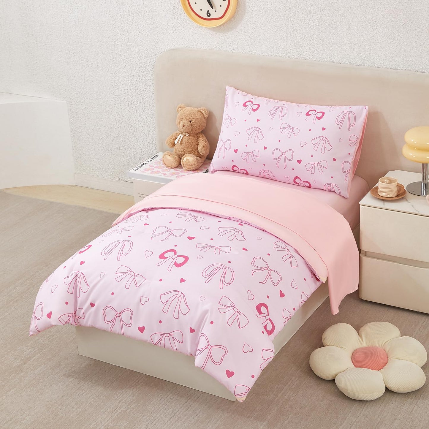 URBONUR 4 Piece Toddler Bedding Set - Soft and Breathable Crib Bedding Set for Girls, Includes Comforter, Fitted Sheet, Flat Top Sheet and Envelope Pillowcase, Pink Bow