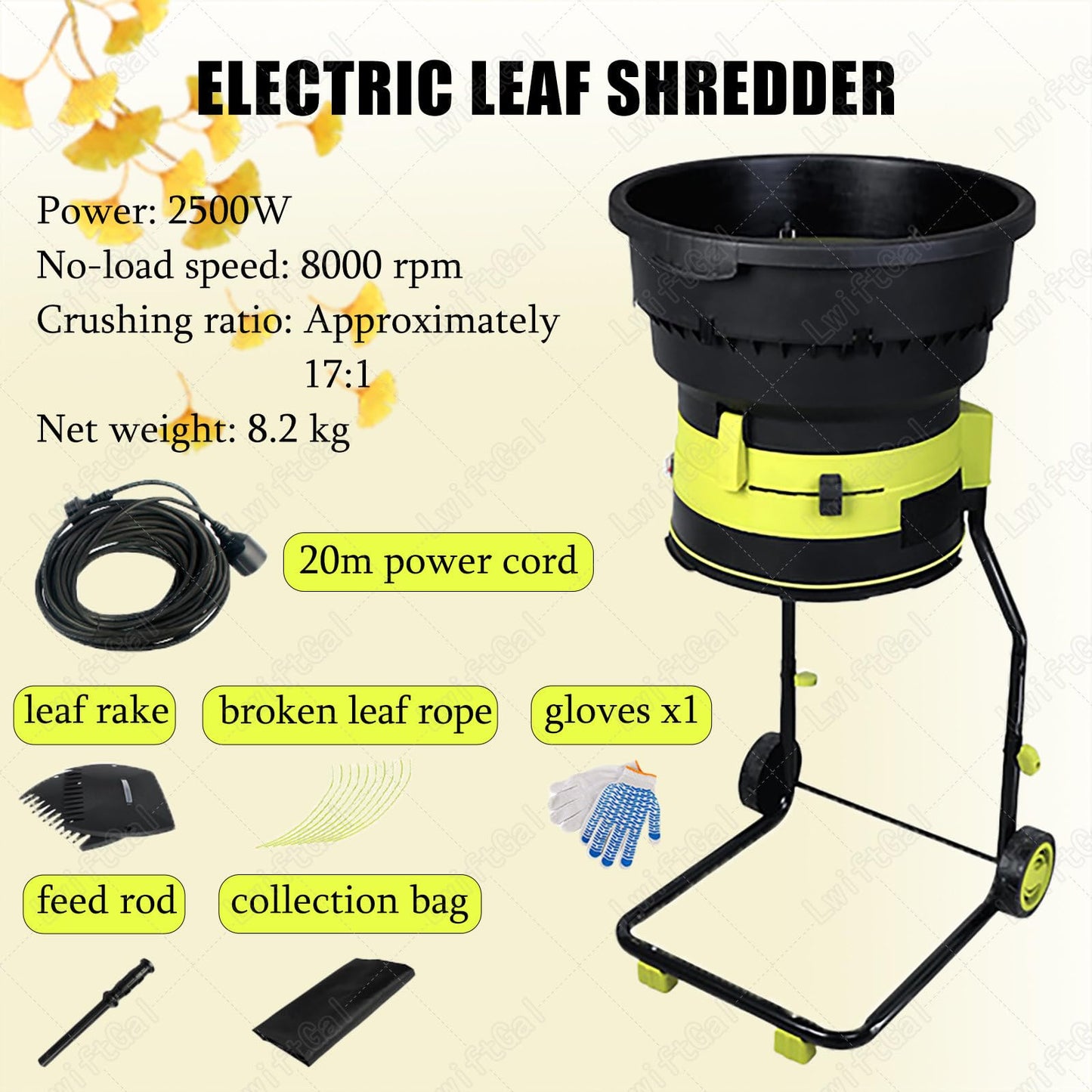 LwiftGal Electric Leaf Mulcher Garden Shredder, 2500w Compost Shredder Leaf Crusher with Wheels,Leaf Rake, Storage Bag, 54cm Funnel Diameter for Yard Cleanup, Composting 20mpowercord