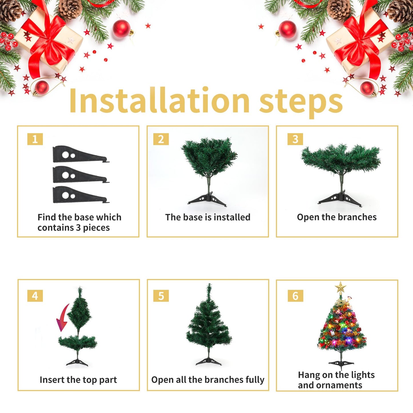 Mini Christmas Tree, 2ft Tabletop Small Christmas Tree with Lights, Hanging Ornaments and Star Treetop, Xmas Decoration Tree Decor