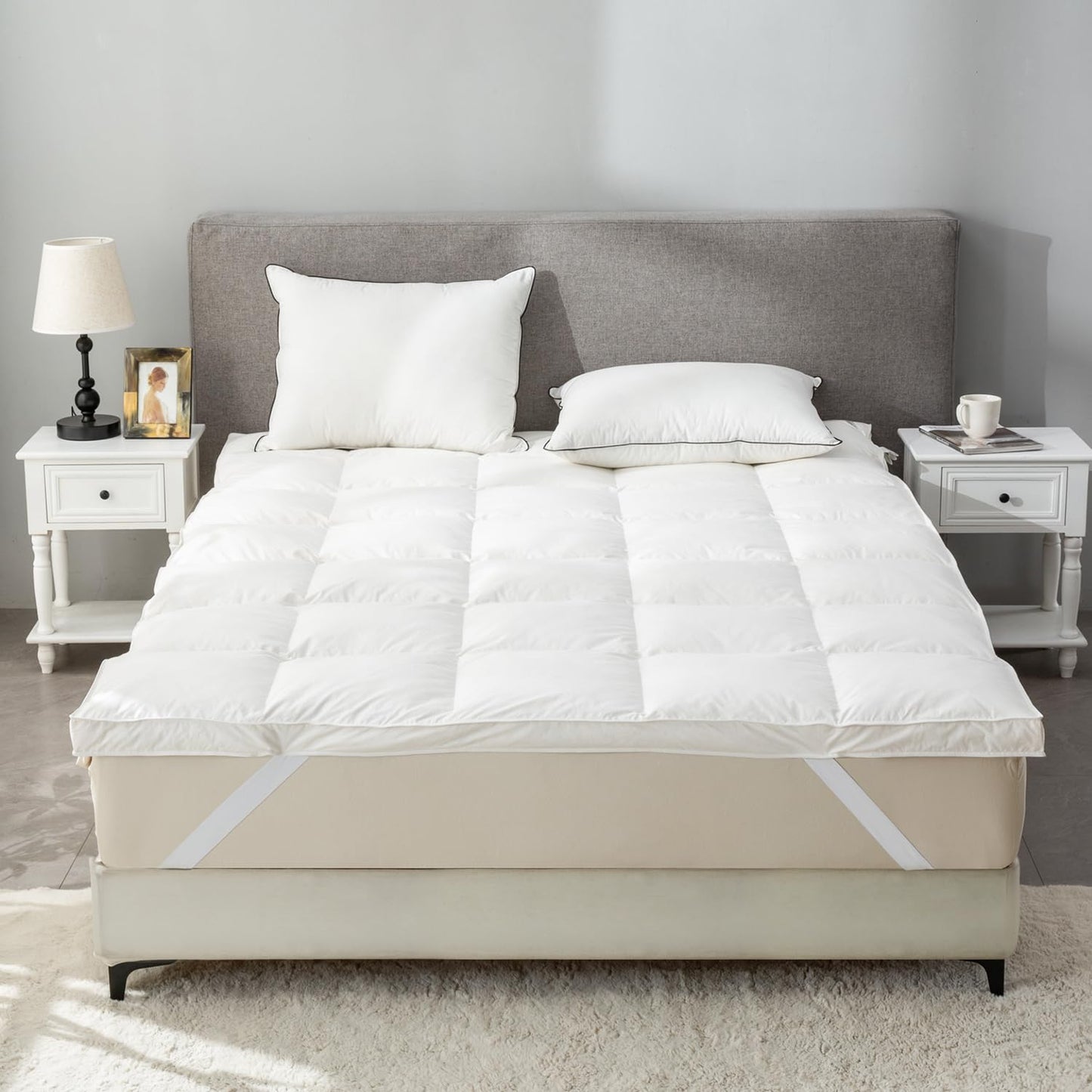 ROSE FEATHER Goose Down Feather Mattress Topper, RV King Down Mattress Protector Cover with Straps, Plush Soft Fluffy Baffled Pillowtop Featherbed Cooling Pad All-Season Luxury (72x80 Inch)