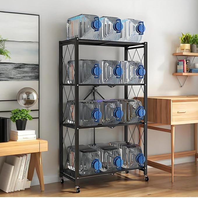 Kitchen Garage Metal Shelves, Storage Shelves Organizer, Foldable Metal Shelving, Closet Shelving Unit, 28" W x 14" D x 50" H Bakers Rack Microwave Stand, Plant Stand with Wheels (4-Tier Shelf)