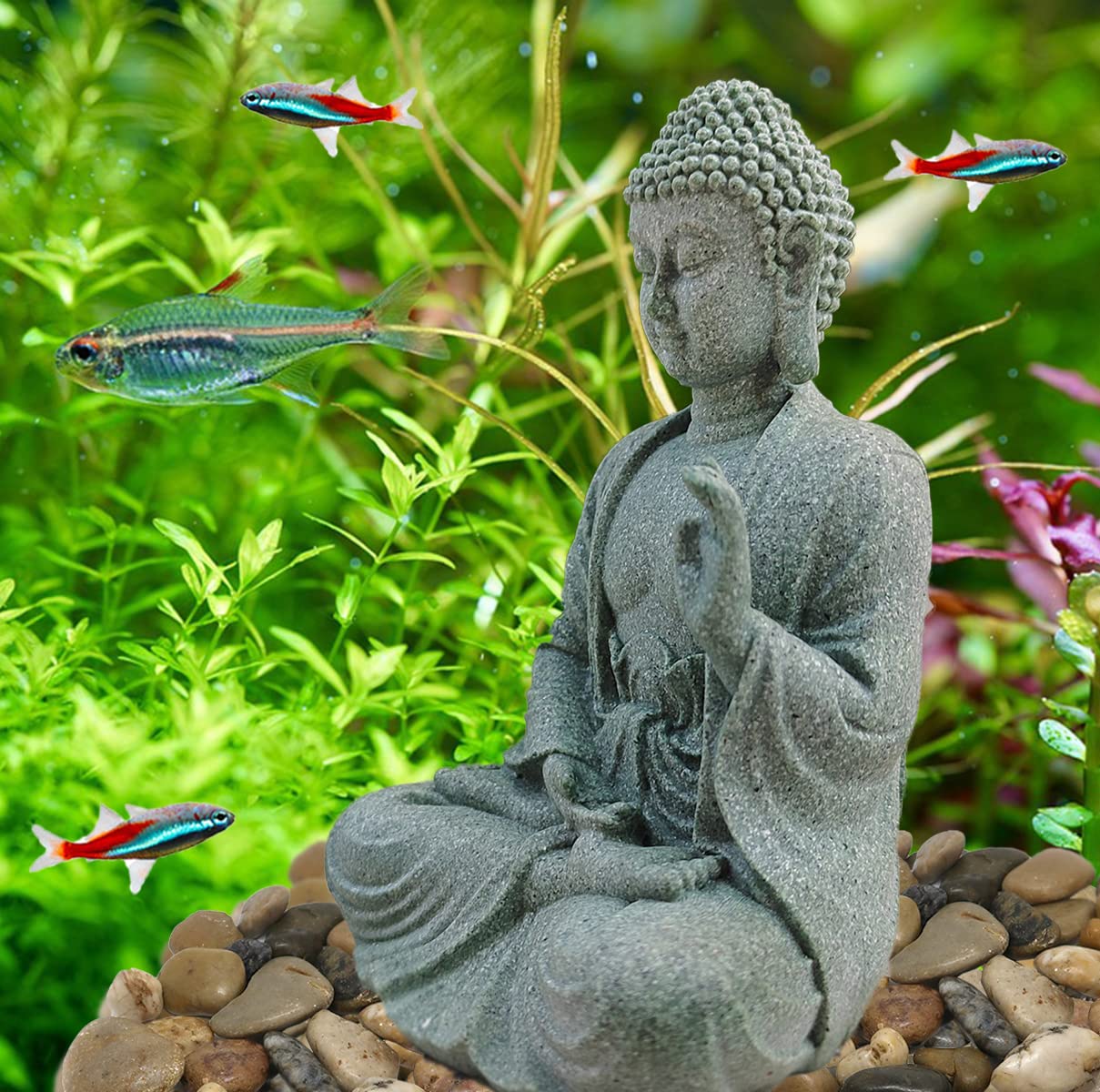 livelyfish Meditating Buddha Statue Natural Sandstone Buda Sculptures for Fish Tank Aquarium Decorations Home Zen Garden Bonsai Ornament Decor, Gifts (Fearless-Small)