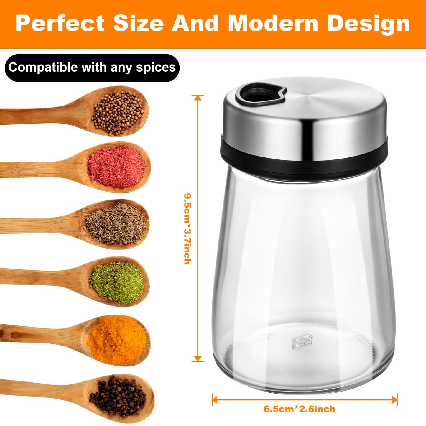 6 Pcs Salt Pepper Shakers Set with Adjustable Pour Holes Stainless Steel Spice Dispenser 6oz Clear Glass Seasoning Containers for Kitchen Restaurant Home BBQ Camping Farmhouse Accessories ﻿