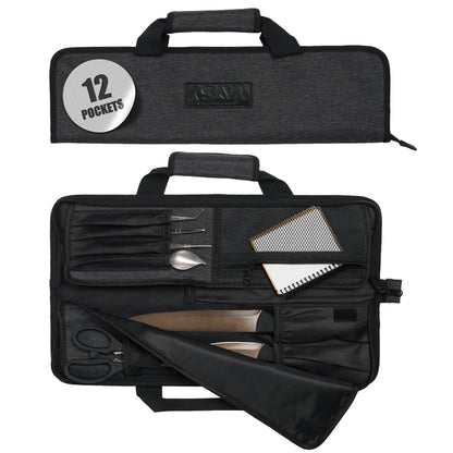 Asaya Chef Knife Roll Bag - 12-Pocket Chefs Case for Kitchen Knives and Utensils, Lightweight Stain-Resistant Waxed Nylon Chef Knife Bag - Knives Not Included (Black)