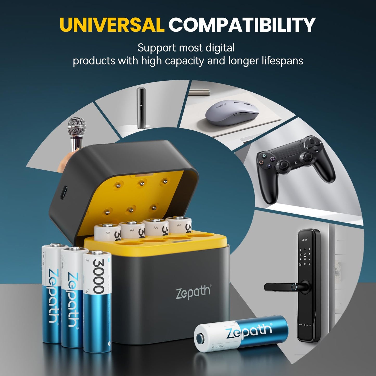 Zepath AA Rechargeable Lithium Batteries with Battery Charger, 8 Pack 3000mWh High Capacity Rechargeable Batteries 1.5V Constant Output AA Lithium Batteries, Battery Storage with aa Li-ion Battery