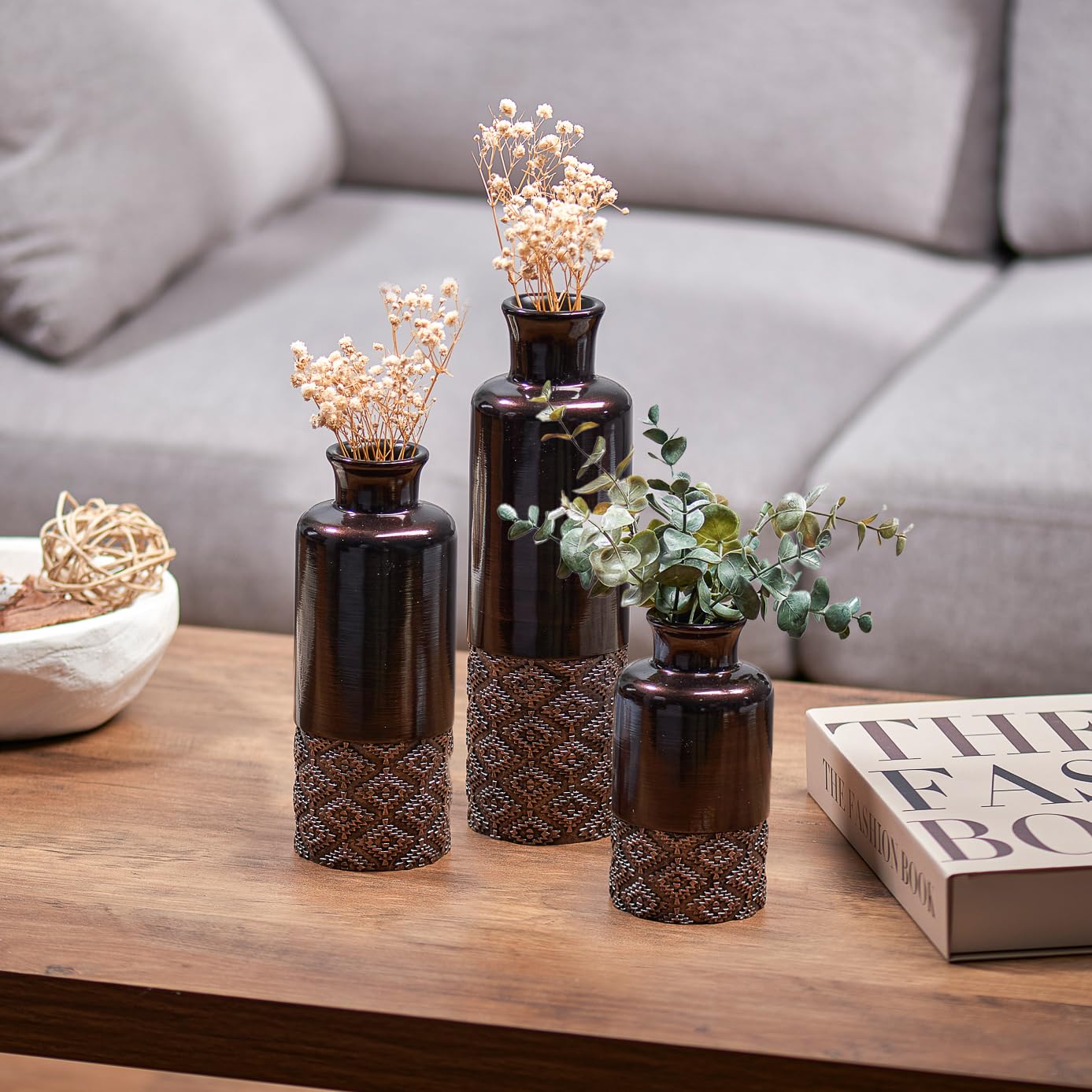 Creative Scents Dublin Brown Centerpiece Tray with Three Matching Orbs and A Set of Three Vases – Perfect for Table Decor in The Living Room Or Dining Room Or Coffee Table Decor