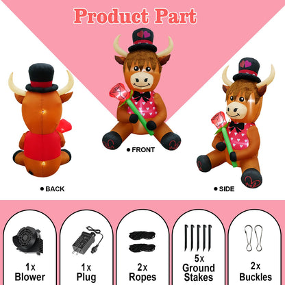 inslife 5FT Tall Valentine's Day Inflatable Highland Cow Holding a Rose, Blow Up Valentine's Day Outdoor Decoration Built-in 3 Led Lights for Wedding Propose Indoor Yard Party Supplies