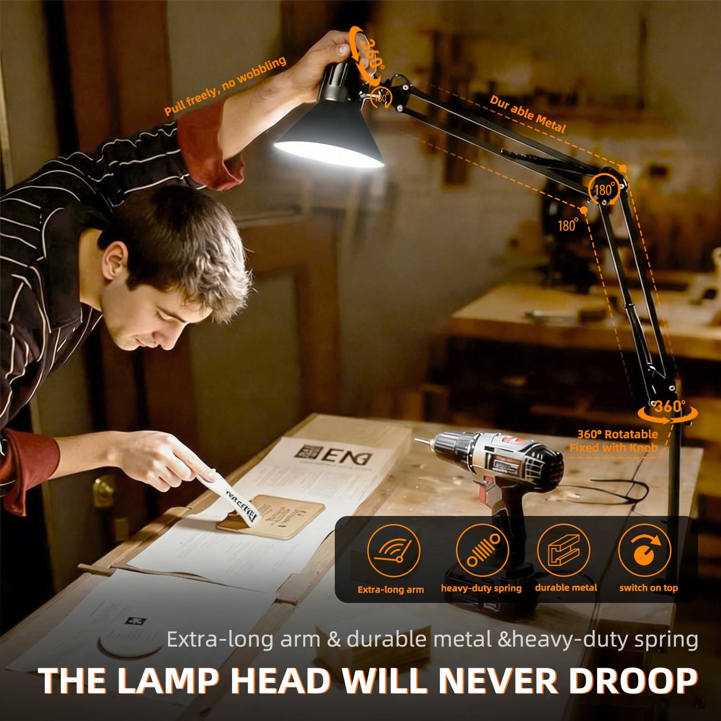 Desk Lamp With Clamp for Home Office, Eye-Caring Clip on Light with Adjustable Extra Tall Metal Swing Arm, High Intensity Clamp Lamp w/LED Bulb, Architect Task Table Lamps for Study, Workbench-B/5000k