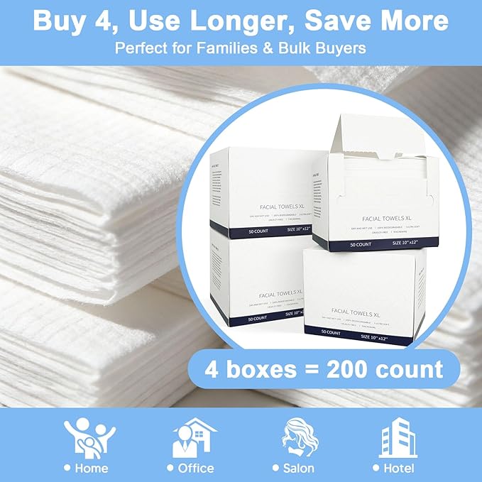 200 Count Disposable Face Towels – Value Pack Extra Thick Biodegradable Facial