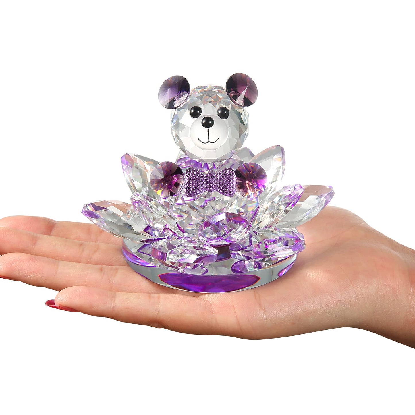 Handmade Crystal Bear & Flower Figurine Collection, Paperweight Table Centerpiece, Gift for Valentine's Day Mother's Day Christmas Anniversary Birthday Thanksgiving Girls (Purple)