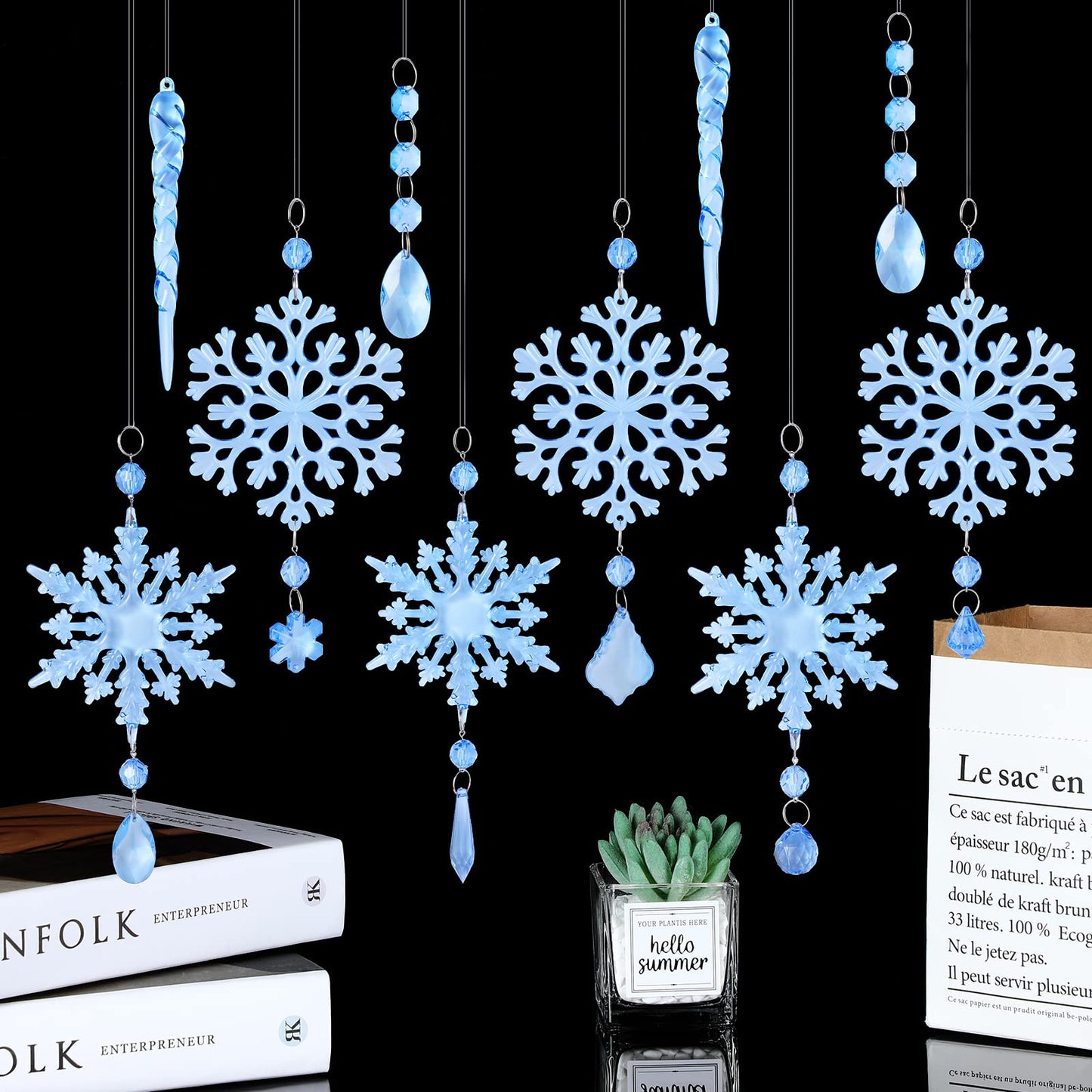 Marsui 30 Pieces Christmas Icicle Ornaments Acrylic Snowflake Ornaments for Christmas Tree Crystal Chandelier Drops with Crystal Line for Xmas Decor(Blue)