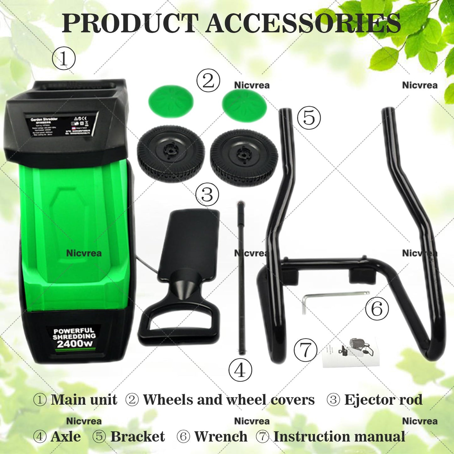 Nicvrea Electric Garden Shredder Wood Chipper,2400W Multifunctional Leaf Branch Shredder with Debris Bag, Max.40mm Cutting Capacity,Leaf Mulcher