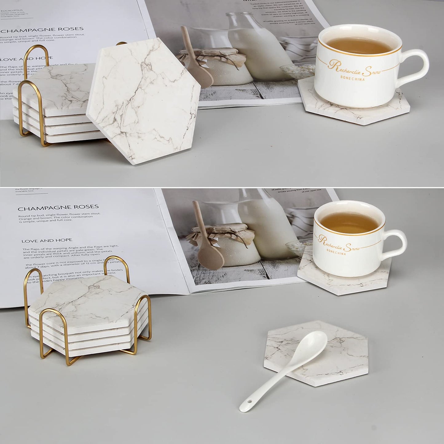 6 Pack Cute Marble Absorbent Stone Coaster Set with Holder Cool Cork Coster Modern White Ceramic Coasters Bar Desk Cup Drink Coasters Funny Coffee Table Decor Kitchen Unique Coster posavasos