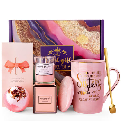 Sister Birthday Gifts from Sister Brother, 7pcs Relaxing Bath Christmas Set Basket with Funny Gold Print Mug, Scented Candle, Self Care Set, Idea for Sisters in Law, Soul Sisters, Nice Gift Boxed