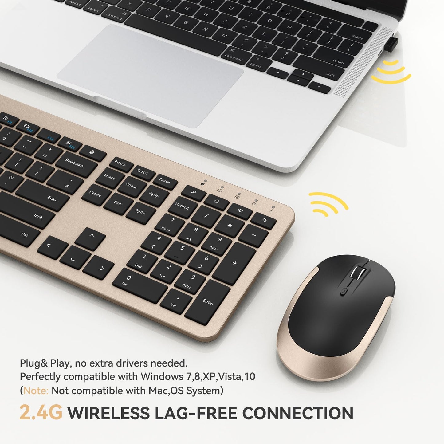 seenda Wireless Keyboard and Mouse Set, SK38 Ultra Slim Quiet USB Wireless Keyboard and Mouse Full Size QWERTY UK Layout with Numeric Keypad for Windows PC, Laptop, Computer, Black and Gold
