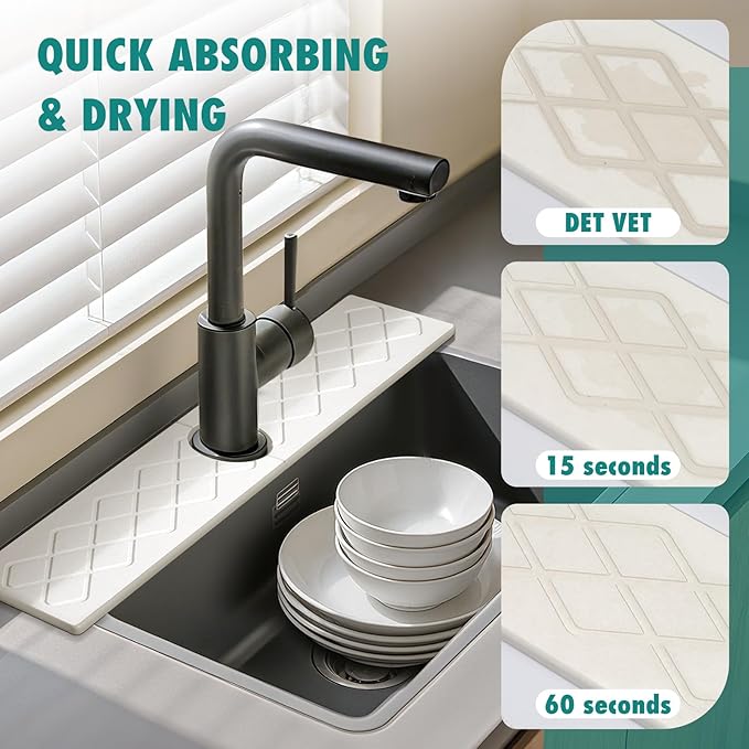 23.6 Inch Stone Faucet Mat for Kitchen Sink, Diatomite Absorbent Fast Drying