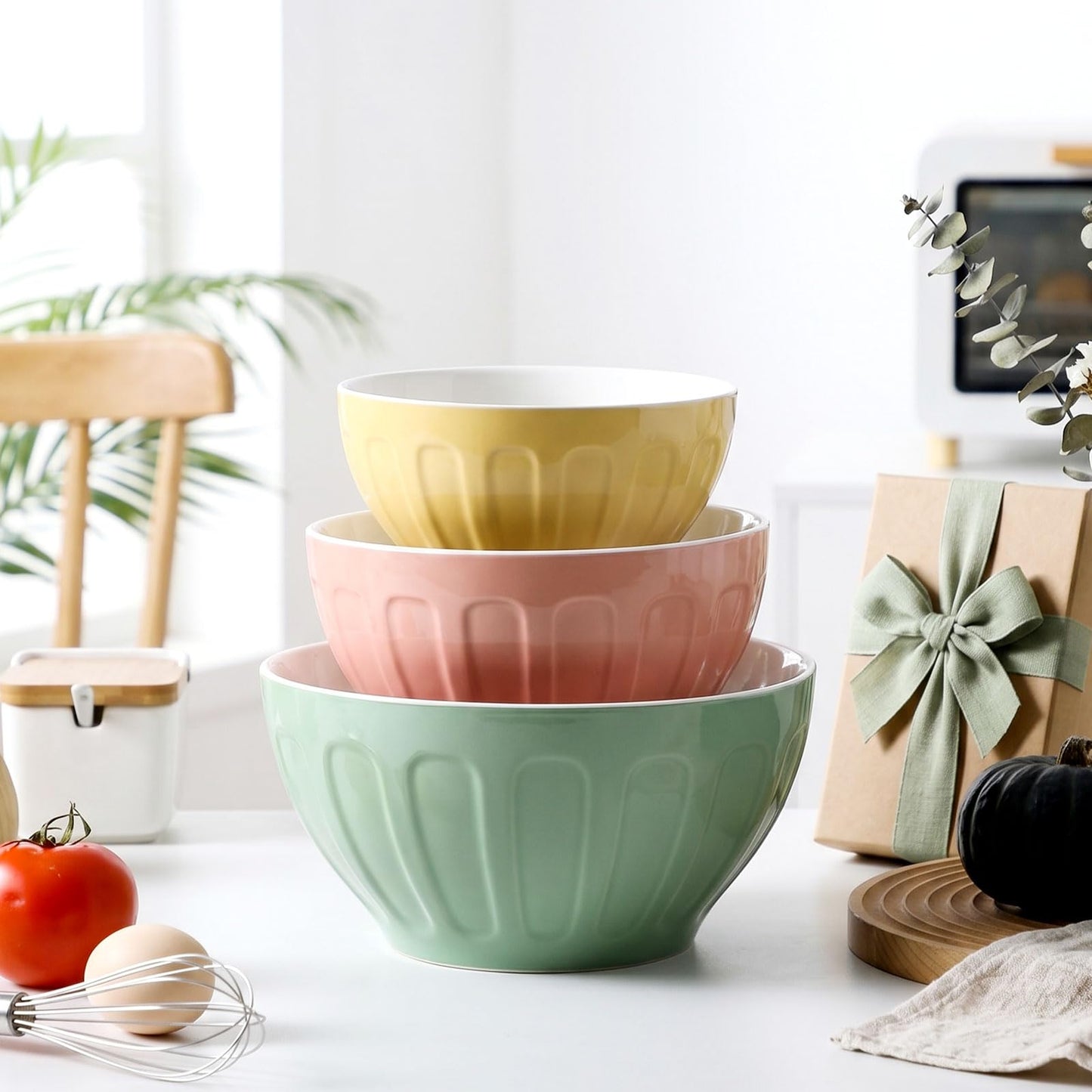 Lareina Ceramic Mixing Bowls Set of 3, Large Nesting Bowls for Serving/Baking/Prepping, Housewarming & Wedding Gift, Oven, Microwave and Dishwasher Safe 3.2/1.7/1.2 Qt, Pastel Color