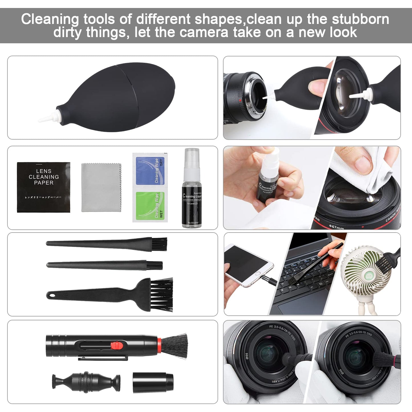 18-in-1 Professional Camera Cleaning Kit for Most DSLR Cameras (Canon, Nikon,Sony), with Air Blower/Cleaning Pen/Detergent/Cleaning Cloth/Lens Brush/Carry Case
