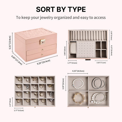 Greenfeather Jewelry Boxes for Women, Jewelry Organizer Box with Lid 3 Layers for Necklaces Rings Earrings and Bracelets Box to Store Jewelry Pink Ideal